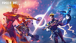 Free Fire Elite Squad Artwork Featuring Fire and Ice Themed Characters in Dynamic Combat Pose HD wallpaper