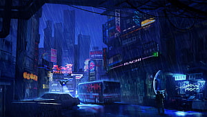 Neon-lit rainy night cityscape with glowing signs and wet streets in a cyberpunk anime style HD wallpaper