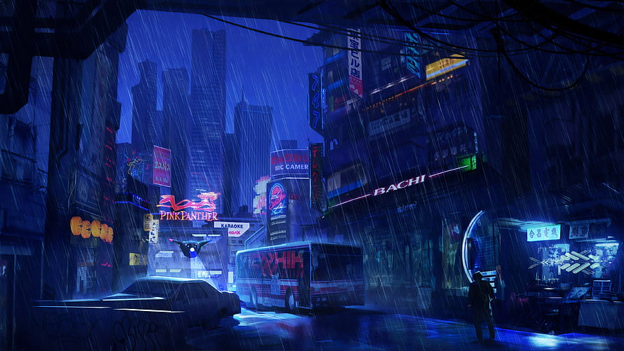 Neon-lit rainy night cityscape with glowing signs and wet streets in a cyberpunk anime style HD wallpaper