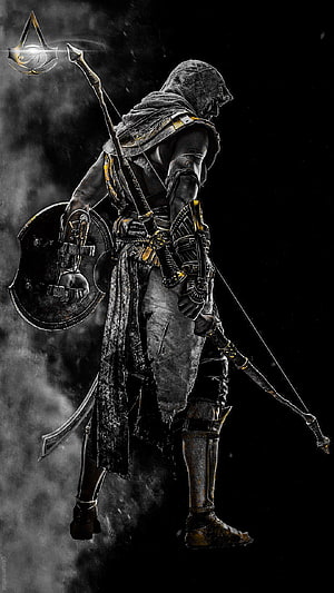 Bayek from Assassin's Creed Origins in Dark Monochrome Armor and Weapon Concept Art HD phone wallpaper