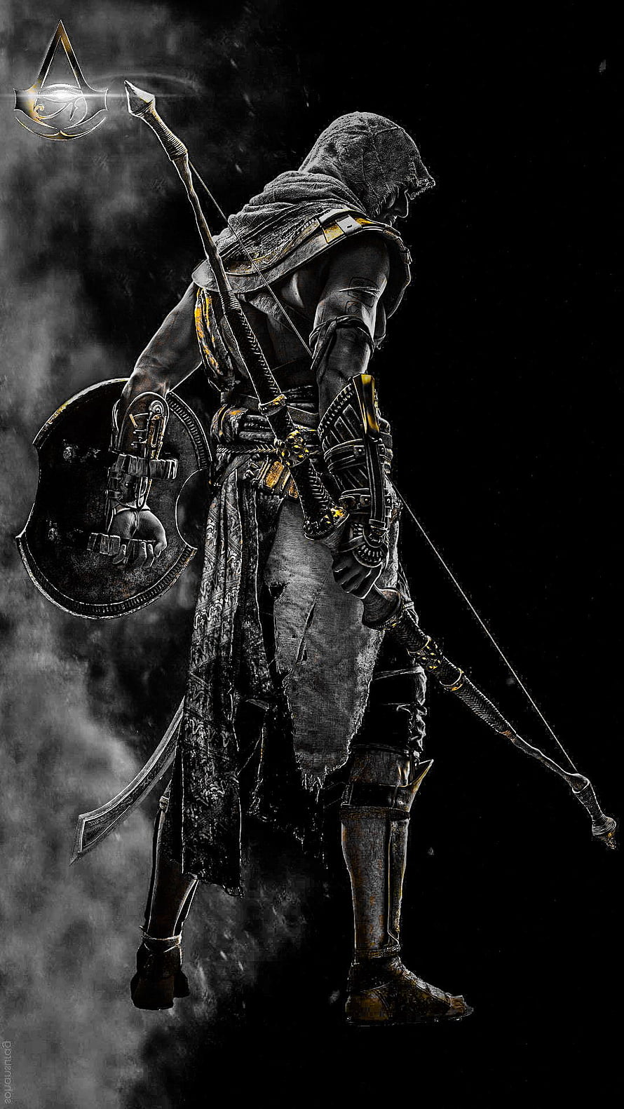 Bayek from Assassin's Creed Origins in Dark Monochrome Armor and Weapon Concept Art HD phone wallpaper