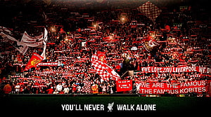Liverpool FC Kop Stand Fans With Red Banners and You'll Never Walk Alone HD wallpaper