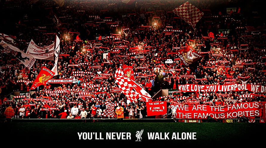 Liverpool FC Kop Stand Fans With Red Banners and You'll Never Walk Alone HD wallpaper