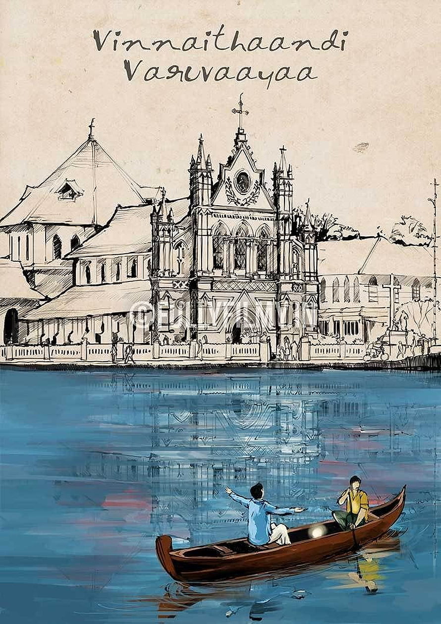 Vinnaithaandi Varuvaayaa Tribute Poster Featuring Gothic Church and Canoe on Water HD phone wallpaper