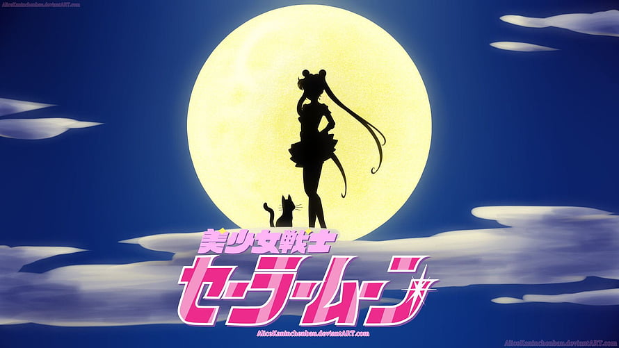Sailor Moon Silhouette Standing Before Full Moon with Cat Companion in Night Sky HD wallpaper