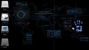 Cybersecurity World Map HUD with Biometric Scan and Restricted Access Interface HD wallpaper