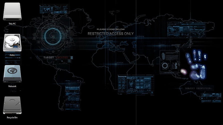 Cybersecurity World Map HUD with Biometric Scan and Restricted Access Interface HD wallpaper