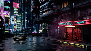 Cyberpunk 2077 Night City Street Scene with Neon Motel and Rainy Road HD wallpaper