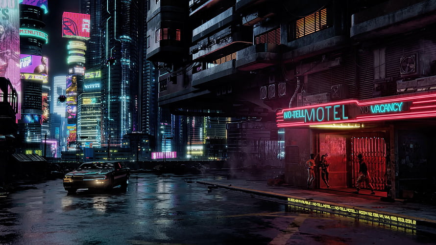 Cyberpunk 2077 Night City Street Scene with Neon Motel and Rainy Road HD wallpaper