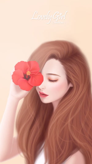 Digital illustration of a girl with long auburn hair holding a red hibiscus flower to her face HD phone wallpaper