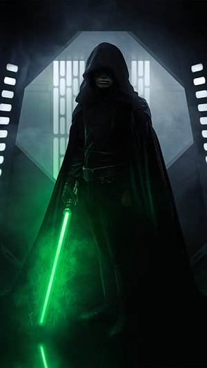 Luke Skywalker in Dark Robes Holding Green Lightsaber in Smoky Corridor HD phone wallpaper