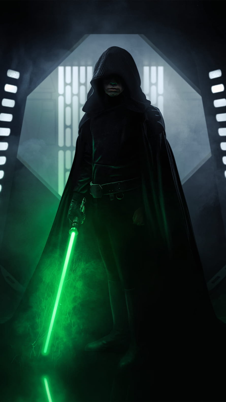 Luke Skywalker in Dark Robes Holding Green Lightsaber in Smoky Corridor HD phone wallpaper