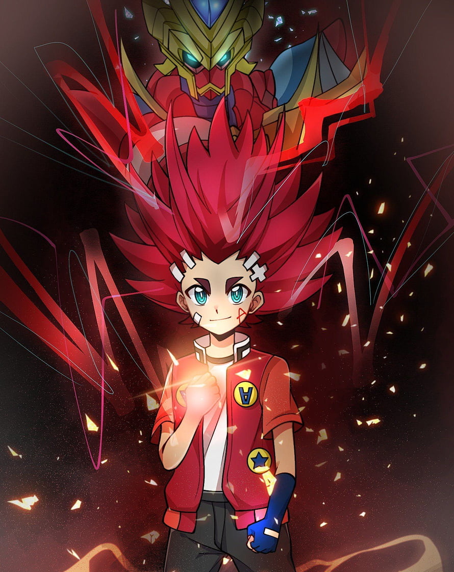 Aiga Akaba and his Burst Beyblade in a dramatic anime illustration with red energy effects HD phone wallpaper