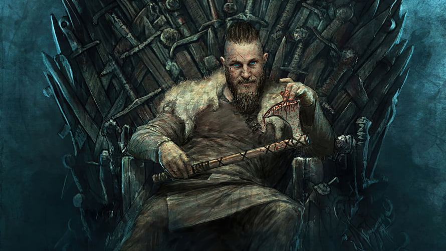 Vikings Series King Seated on Iron Throne Holding Sword in Dark Fantasy Illustration HD wallpaper