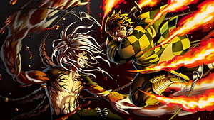 Demon Slayer Anime Artwork: Rengoku and Akaza in Intense Flame Combat HD wallpaper
