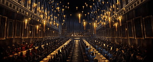 Harry Potter Great Hall Banquet Scene with Floating Candles and Long Tables HD wallpaper