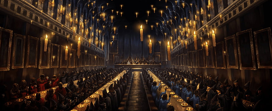 Harry Potter Great Hall Banquet Scene with Floating Candles and Long Tables HD wallpaper