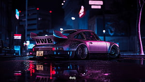 RWB Porsche 911 Carrera RSR 1973 in Neon-Lit Cyberpunk Cityscape HD wallpaper