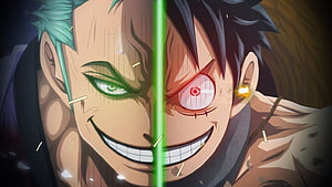 One Piece Roronoa Zoro and Monkey D. Luffy Split Face Anime Artwork HD wallpaper