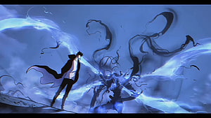 Solo Leveling Anime Scene Featuring Sung Jinwoo in a Blue Energy Battle HD wallpaper