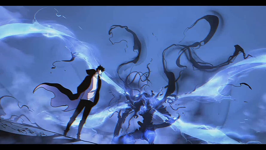 Solo Leveling Anime Scene Featuring Sung Jinwoo in a Blue Energy Battle HD wallpaper