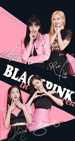 Blackpink Kpop Group Portrait with Signatures on Pink and Black Background HD phone wallpaper