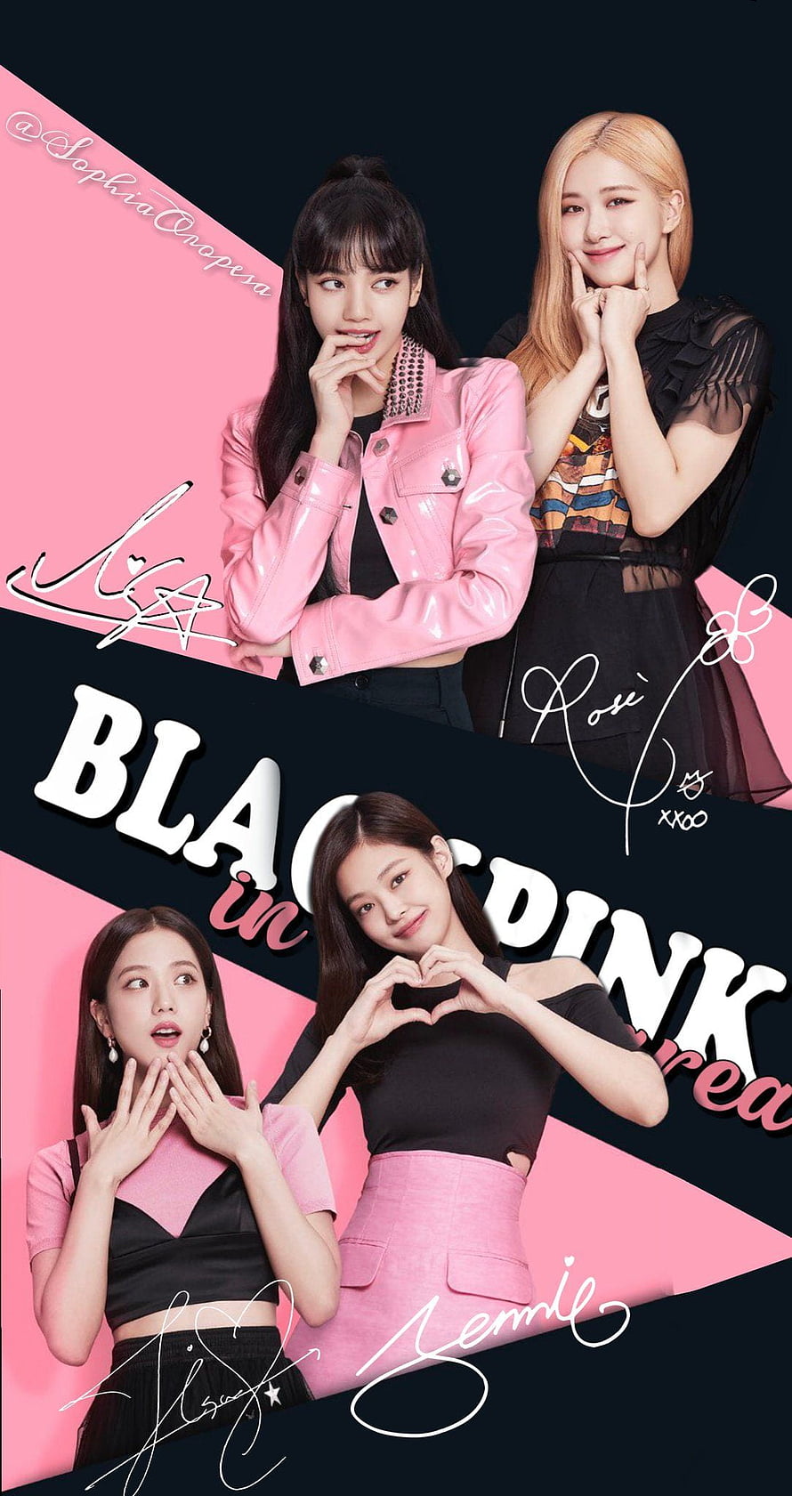 Blackpink Kpop Group Portrait with Signatures on Pink and Black Background HD phone wallpaper