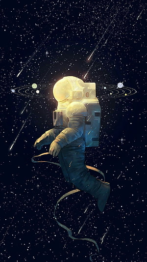 Astronaut Floating in Deep Space with Planetary Orbits and Starry Night Sky Digital Illustration HD phone wallpaper