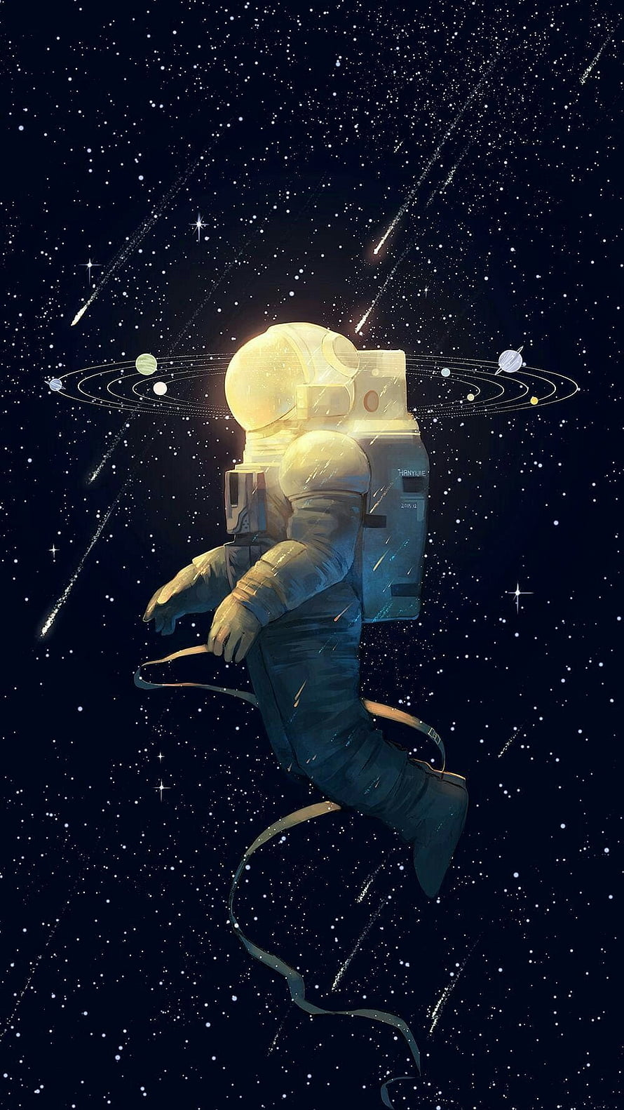 Astronaut Floating in Deep Space with Planetary Orbits and Starry Night Sky Digital Illustration HD phone wallpaper