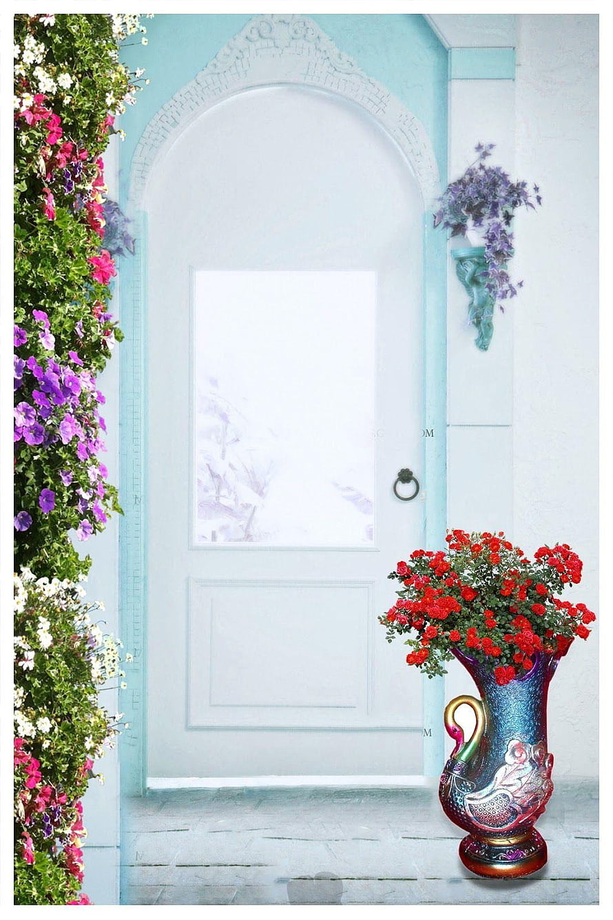 Pastel Blue Arched Doorway with Vibrant Flower Wall and Ornate Vase HD phone wallpaper