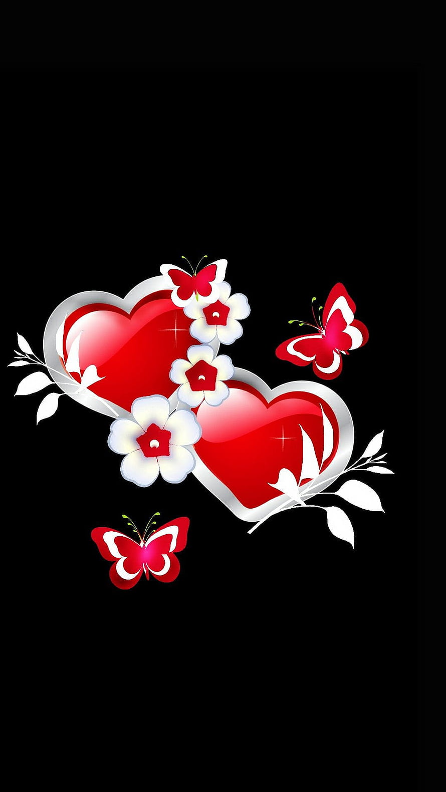 Glossy red hearts with white flowers and butterflies on black background HD phone wallpaper