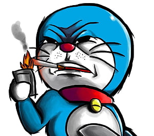 Doraemon Smoking Cigarette with Angry Expression and Red Collar HD wallpaper