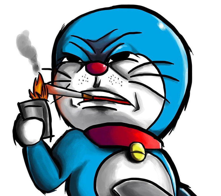 Doraemon Smoking Cigarette with Angry Expression and Red Collar HD wallpaper