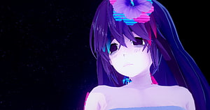 Anime Girl with Purple Hair and Glitch Flower in Dark Starry Night HD wallpaper