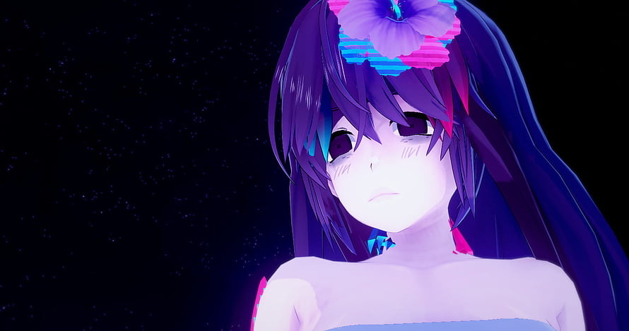 Anime Girl with Purple Hair and Glitch Flower in Dark Starry Night HD wallpaper