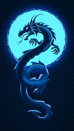 Stylized Blue Dragon Silhouette Against Glowing Moon with Traditional Wave Pattern HD phone wallpaper