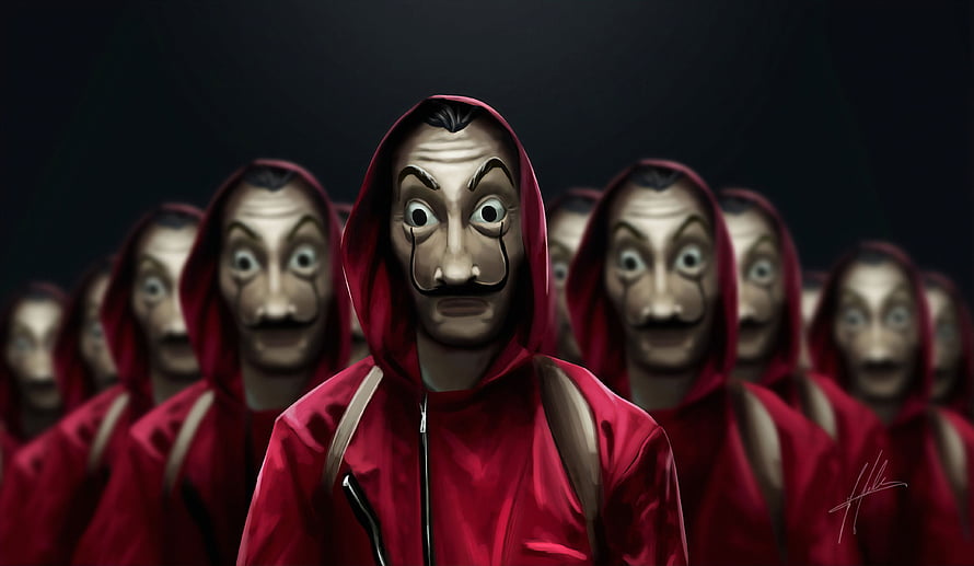 Money Heist Crew in Red Hoodies and Dalí Masks Digital Art HD wallpaper