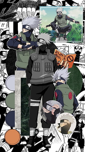 Kakashi Hatake Anime Character Collage with Manga Panels and Multiple Poses HD phone wallpaper