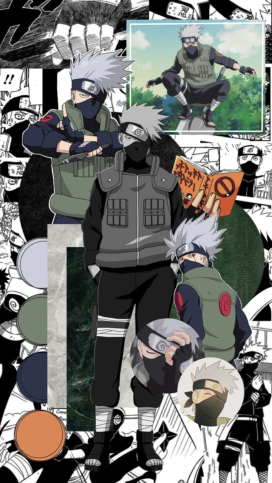 Kakashi Hatake Anime Character Collage with Manga Panels and Multiple Poses HD phone wallpaper