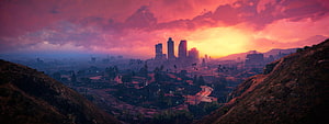 Grand Theft Auto V Los Santos Cityscape at Sunset with Dramatic Pink Sky HD wallpaper