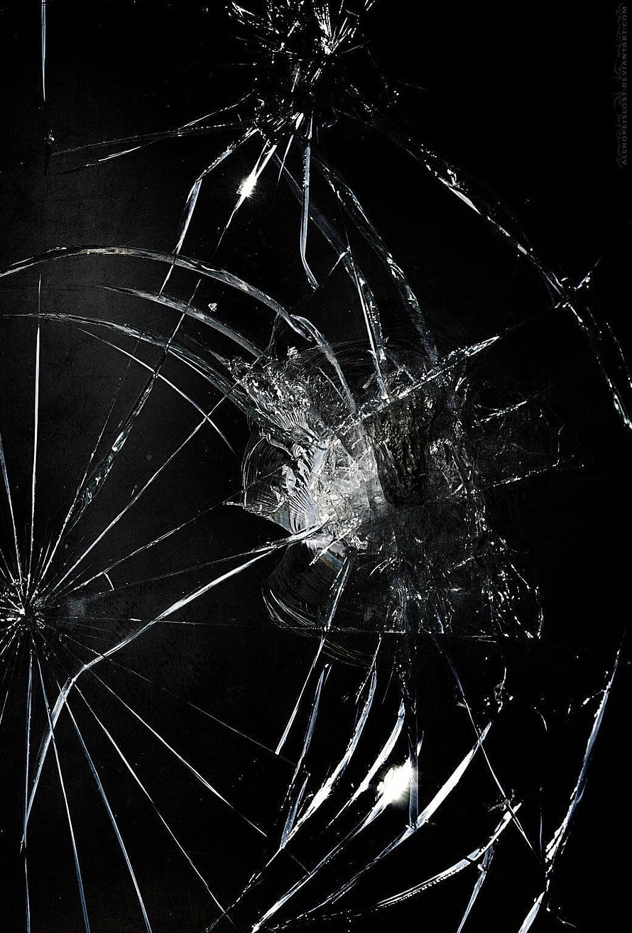 Shattered Glass Texture with Radiating Cracks on Black Background HD phone wallpaper
