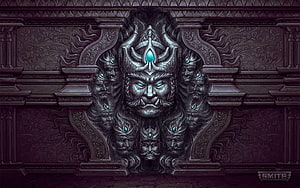 Ravana The Demon King Ornate Stone Carving with Glowing Eyes and Intricate Mythological Details HD wallpaper