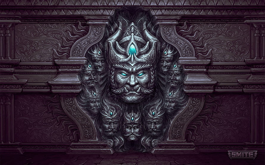 Ravana The Demon King Ornate Stone Carving with Glowing Eyes and Intricate Mythological Details HD wallpaper
