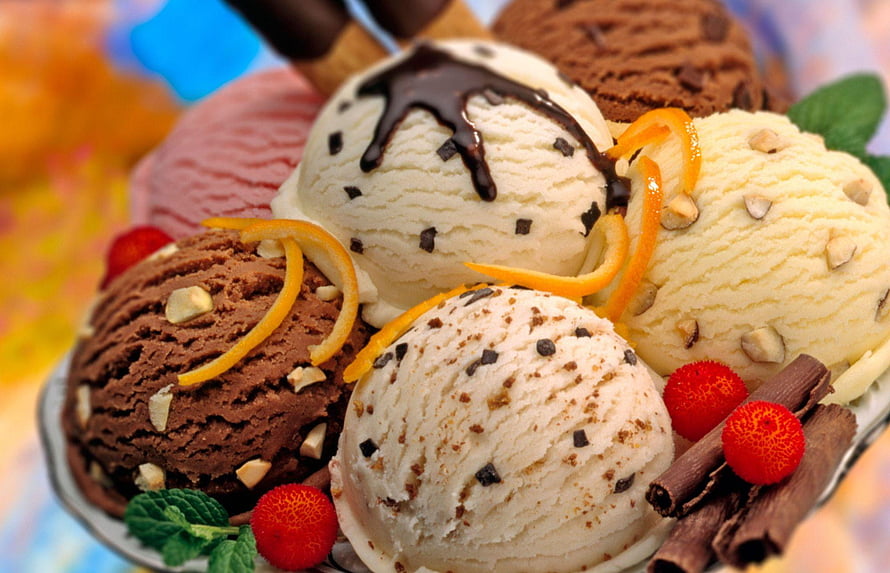 Assorted Ice Cream Scoops with Chocolate Drizzle, Nuts, and Fresh Berries HD wallpaper