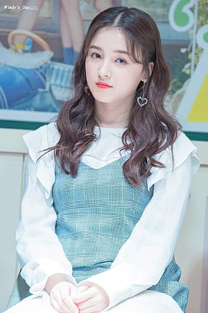 Momoland Nancy in a Blue Plaid Dress with White Ruffled Blouse and Heart Earrings HD phone wallpaper