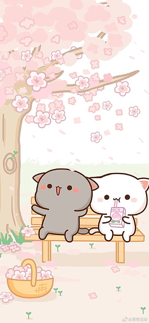 Milk Mocha and Goma Sitting on a Bench Under a Cherry Blossom Tree HD phone wallpaper