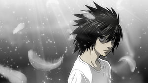 Death Note L Anime Character Portrait With Floating Feathers And Soft Light HD wallpaper