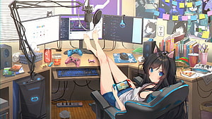 Anime Girl Relaxing in Gaming Setup with Multiple Monitors and Controllers HD wallpaper