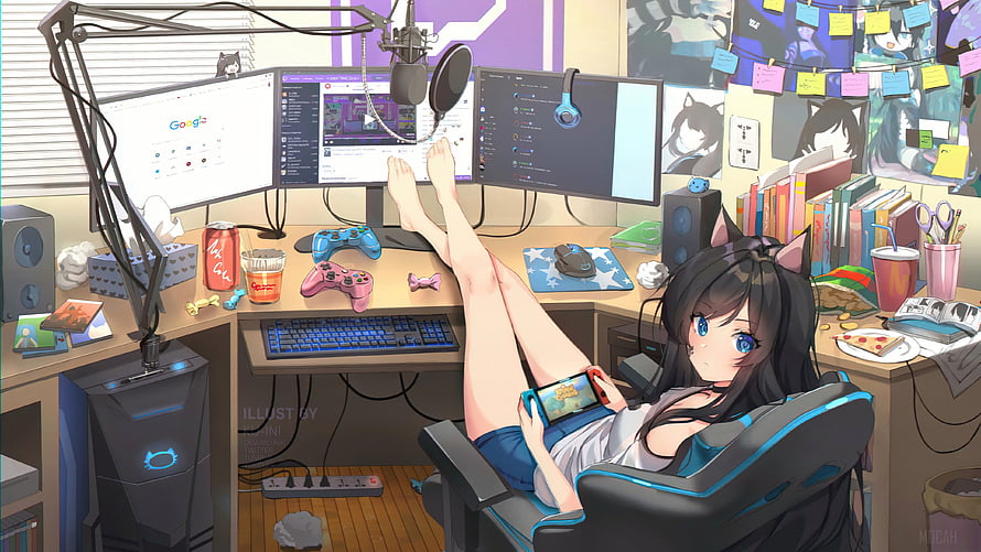 Anime Girl Relaxing in Gaming Setup with Multiple Monitors and Controllers HD wallpaper