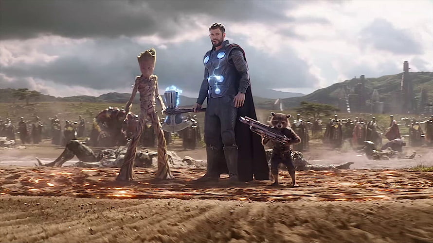 Thor, Groot, and Rocket on the battlefield in Wakanda from Avengers Infinity War HD wallpaper